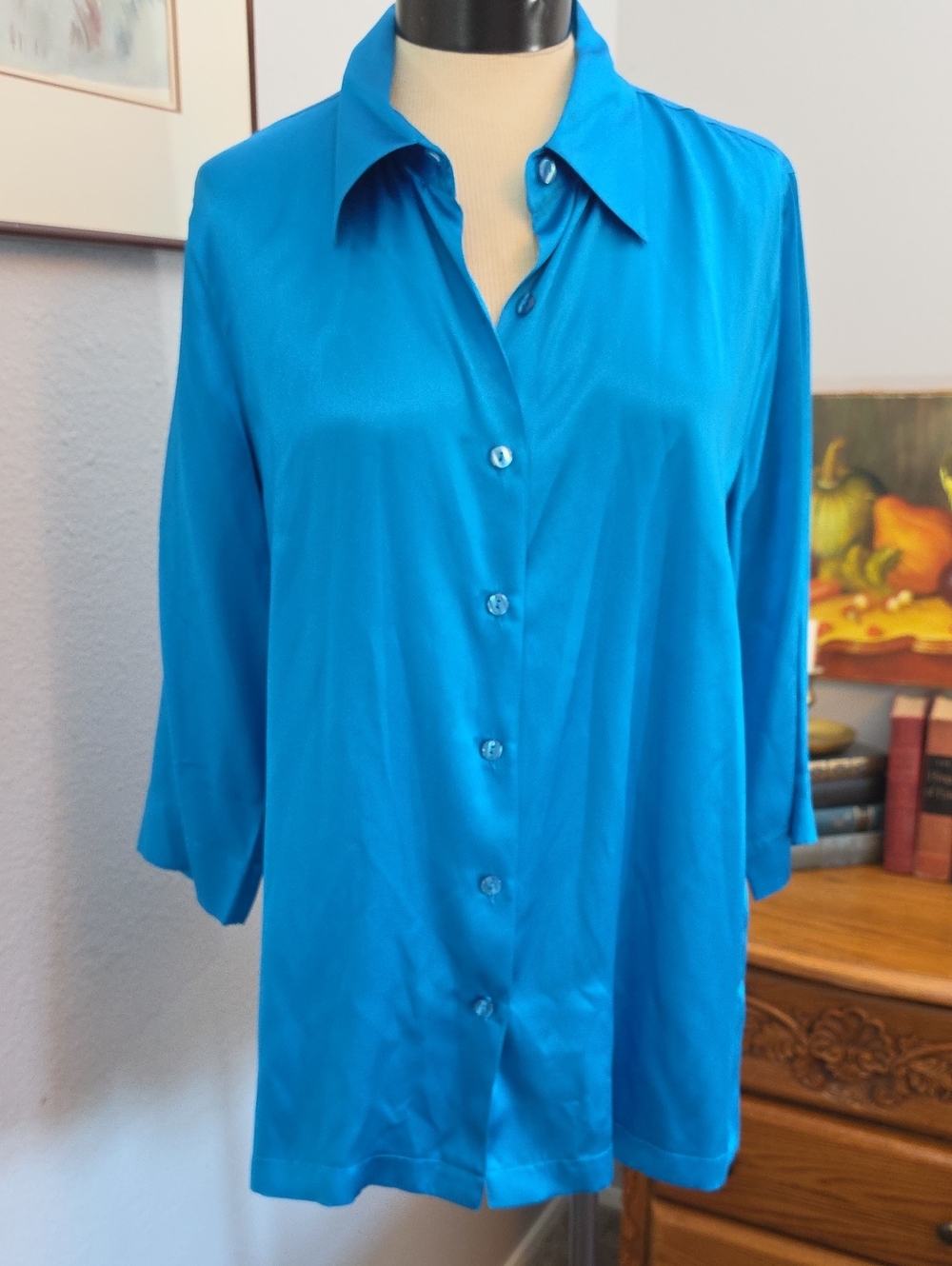 Karen Arnold 100% Silk Button Up Blouse 3/4 Sleeves Boxy Fit Office Lightweight
